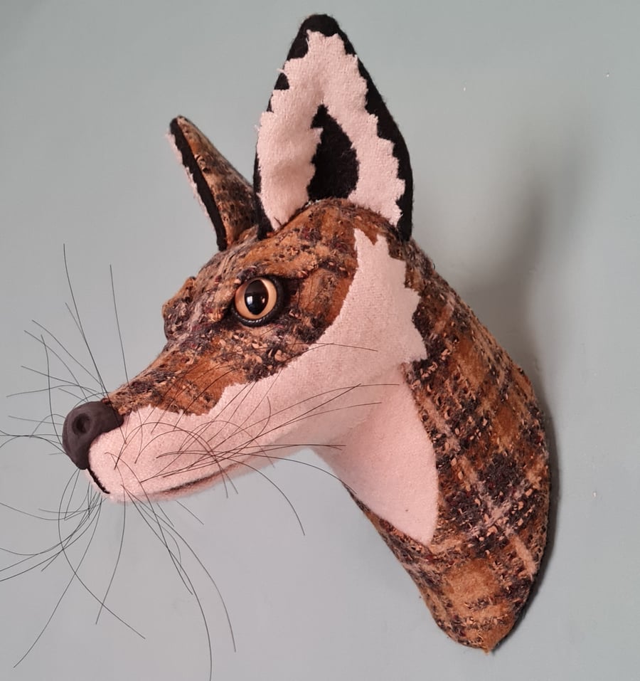 Faux fox wall mount in mustard Abraham Moon wool tartan - Frankie