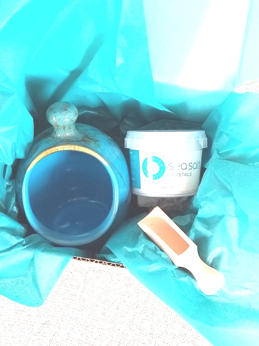 Medium Turquoise Salt Pig Gift Box including Cornish Sea Salt and wooden scoop