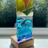 Fused glass panel with solid oak stand