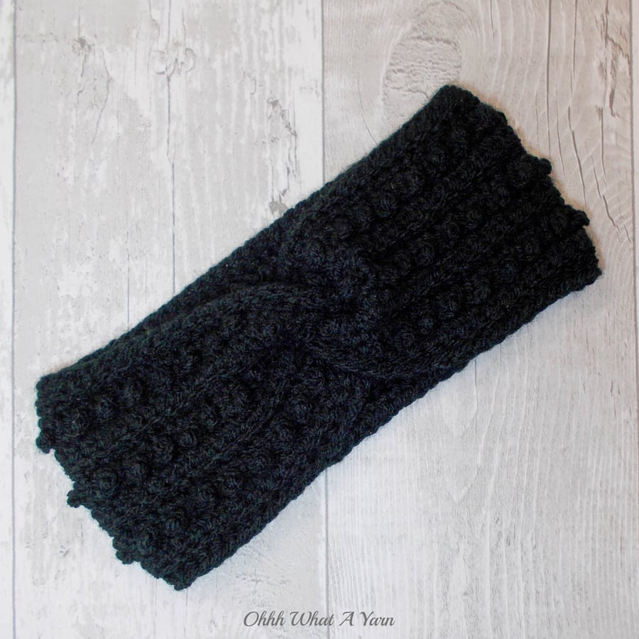 Crochet headband, ear warmer. Black twist ear warmer. Black headband. 