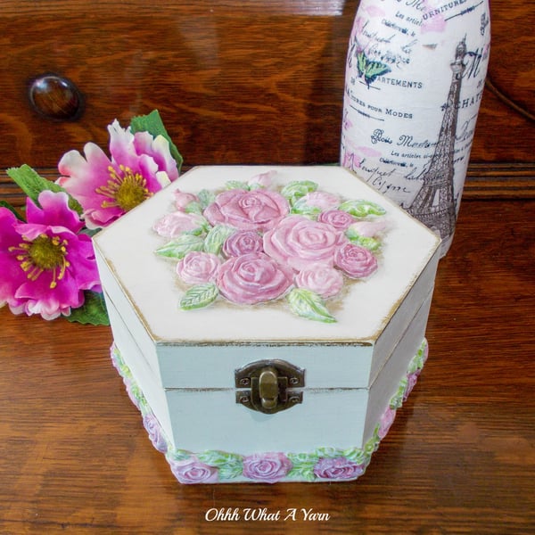 Roses hexagon mixed media trinket box. Jewellery box. Memory box.