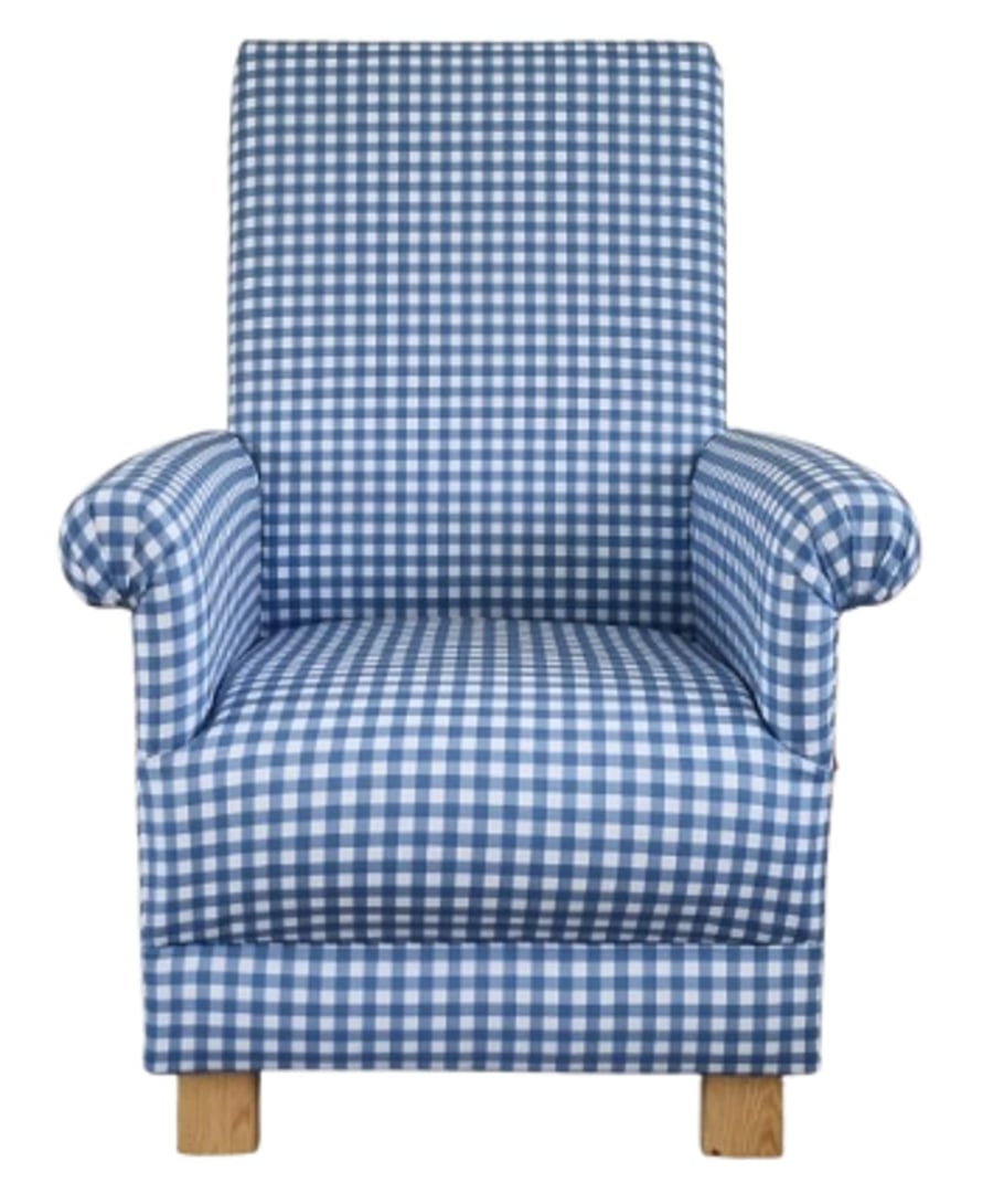Blue Gingham Checked Fabric Adult Armchair Chair Check Nursery Small Kitchen