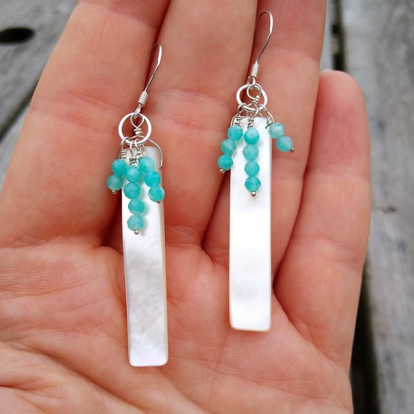 Amazonite and Mother of Pearl Shell Drop Earrings, Silver Shell Dangle Earrings