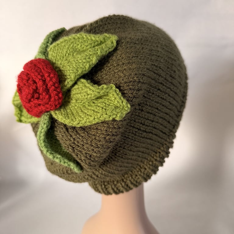 Slouchy Beanie with Rose and Leaf Decoration