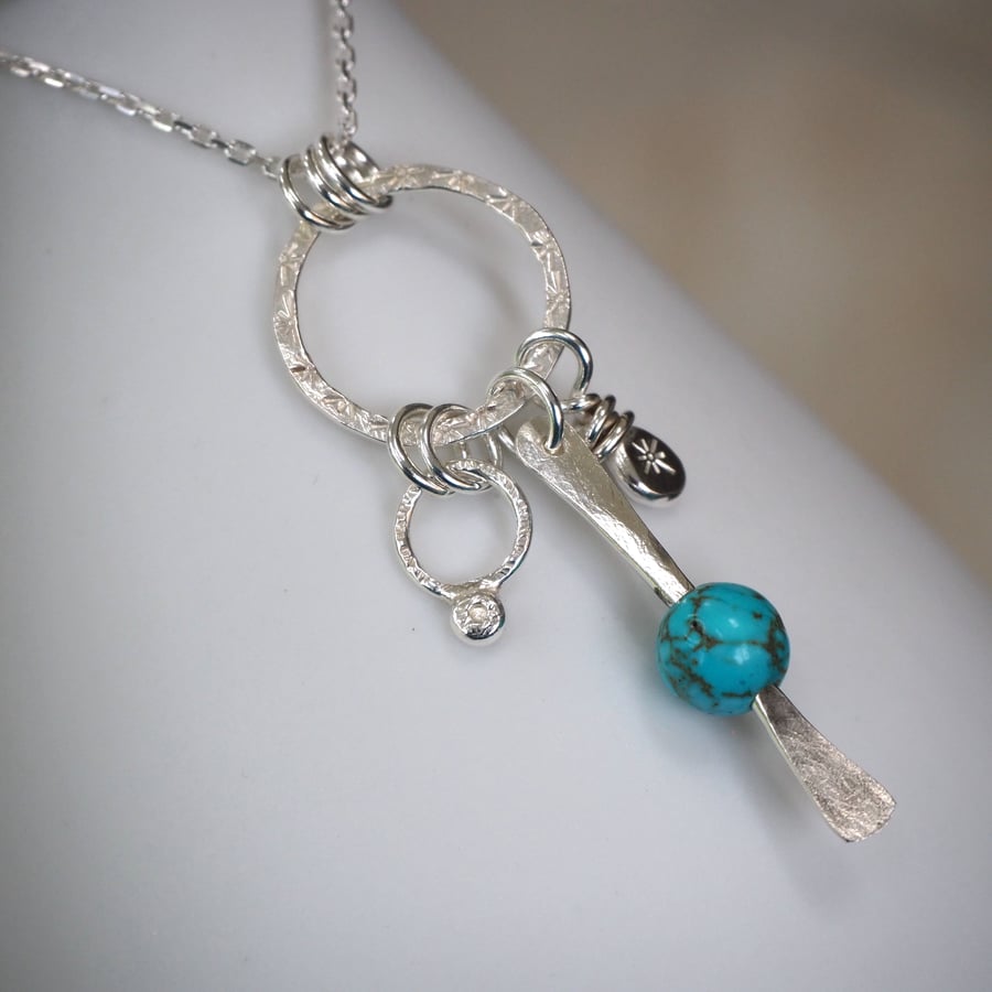 Silver Charm Cluster Pendant Necklace, Turquoise, Silver Necklace Pendant