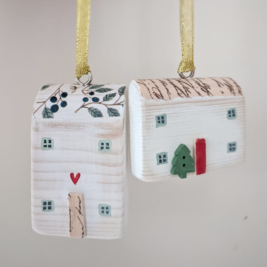 Set of 2 Wooden Christmas House Hanging Decorations