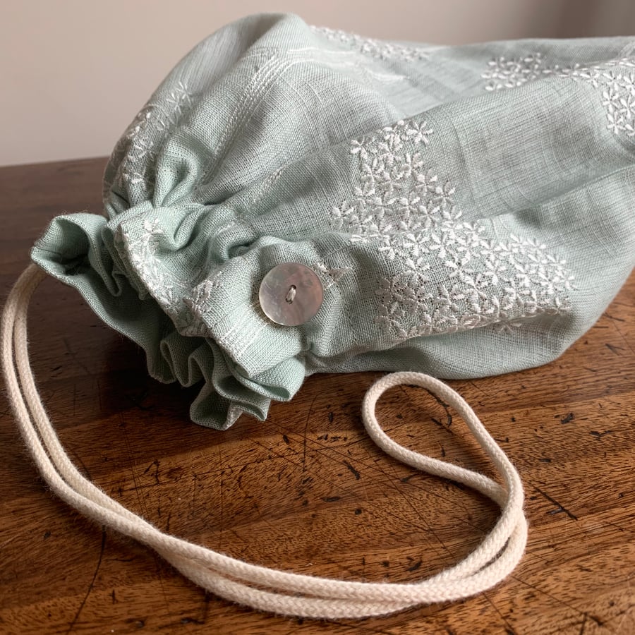 Embroidered linen drawstring bag for shoes or delicates 