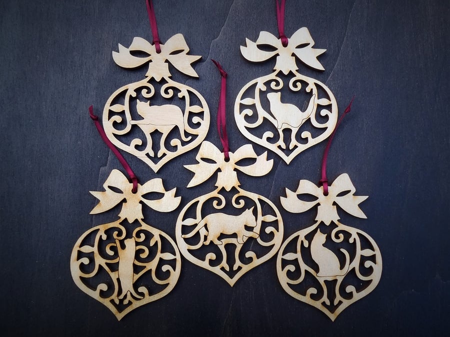 Set of Five different Christmas Cat Decorations