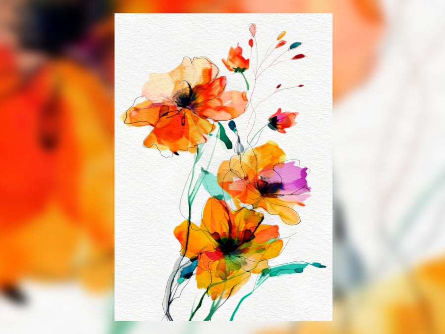 Bright Orange Yellow Flowers, Watercolor Painting Print 5"x7" on Matte Paper