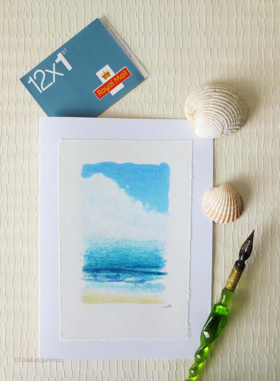 British seaside inspired handmade card turquoise seas and sandy beach
