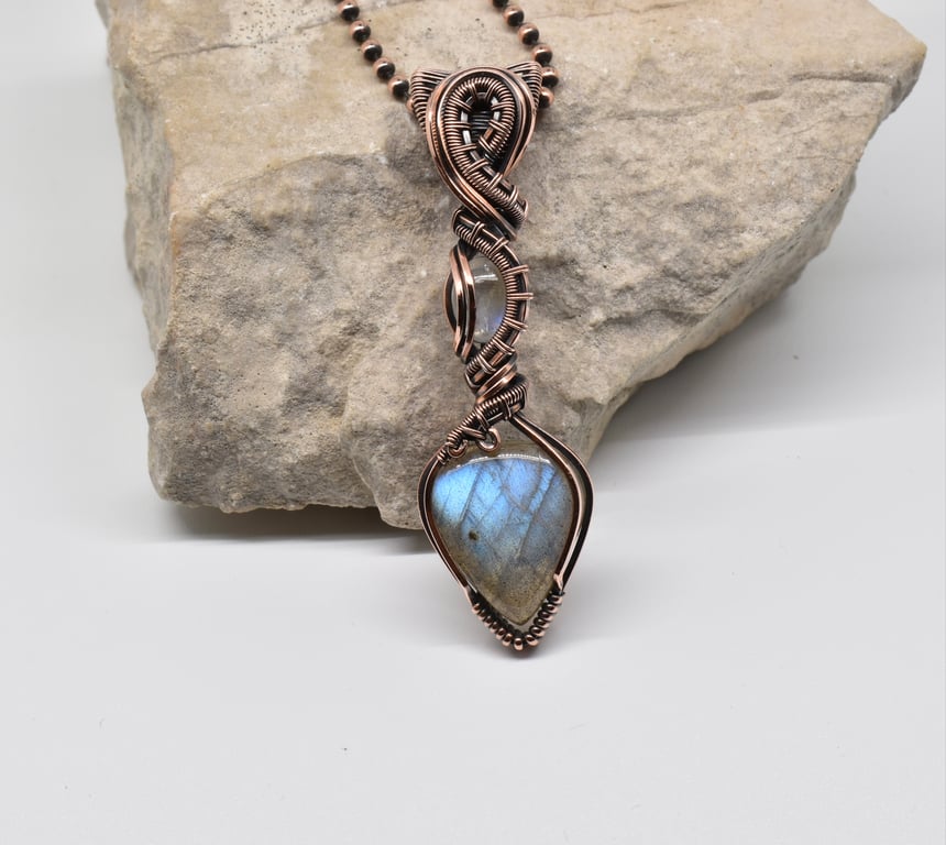 Labradorite and Moonstone Wire Wrapped Double stone Copper Pendant