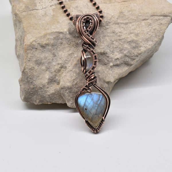 Labradorite and Moonstone Wire Wrapped Double stone Copper Pendant