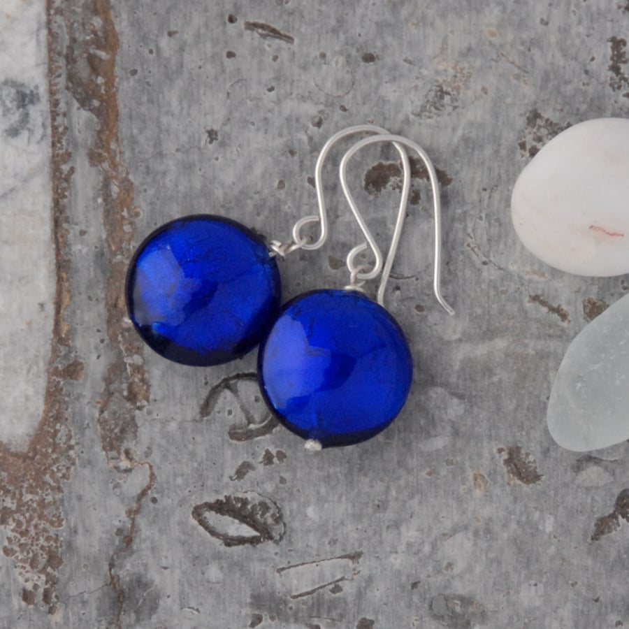 Royal blue murano glass bead and sterling silver earrings