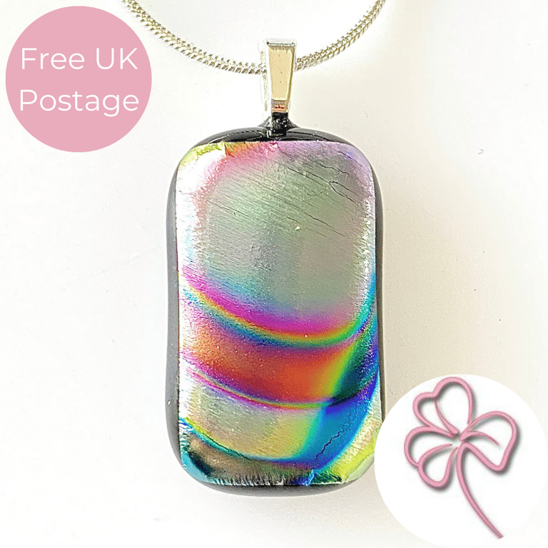 Rainbow Swirl Dichroic Fused Glass Pendant Necklace 