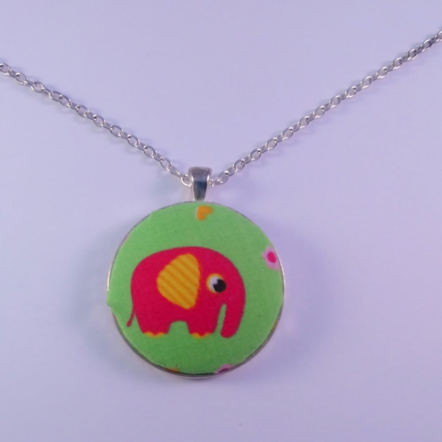 38mm Pink Elephant Fabric Covered Button Pendant