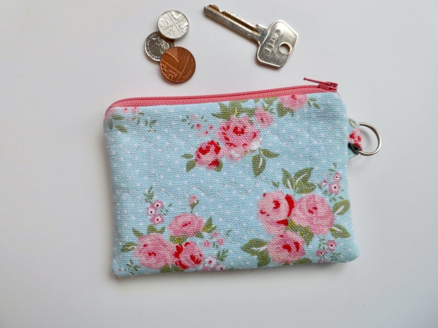 Coin purse vintage style floral fabric blue and pink