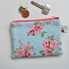Coin purse vintage style floral fabric blue and pink