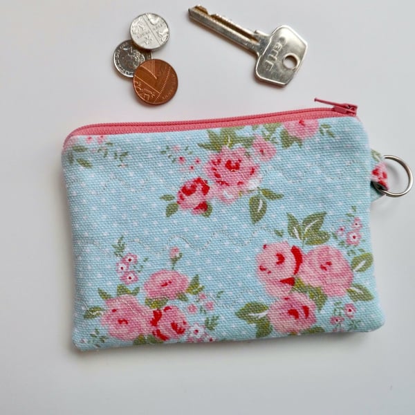 Coin purse vintage style floral fabric blue and pink