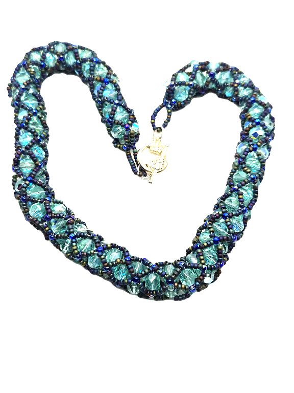 Swarovski crystal and seed bead netted necklace in blue colours