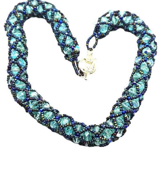 Swarovski crystal and seed bead netted necklace in blue colours