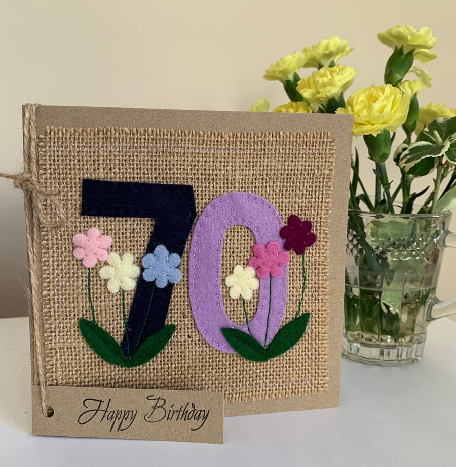 Handmade 70th Birthday Card. Keepsake Card. Textile Card.