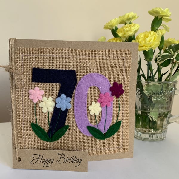 Handmade 70th Birthday Card. Keepsake Card. Textile Card.