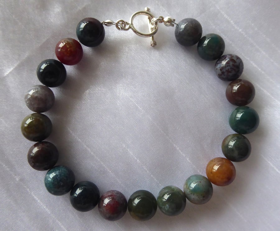 10mm Indian Agate Gemstones Beaded Bracelet with Sterling Silver Fittings