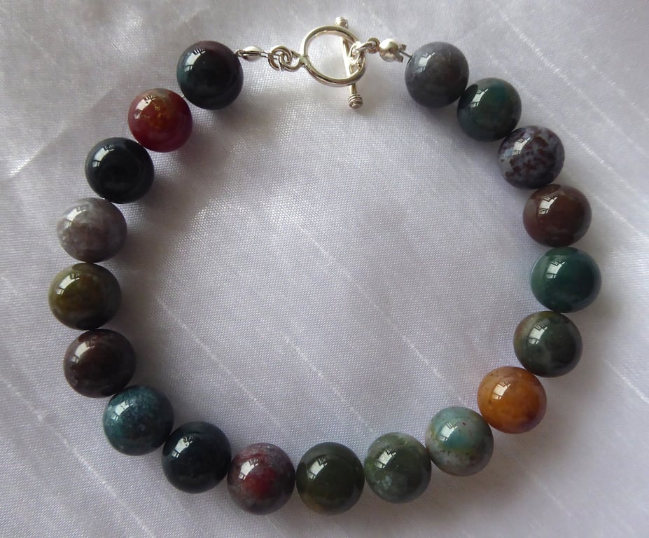10mm Indian Agate Gemstones Beaded Bracelet with Sterling Silver Fittings