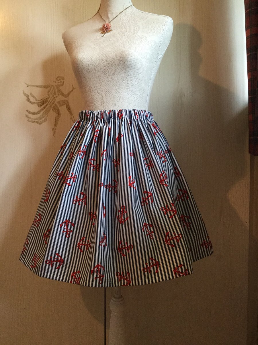 Retro Rockabilly Nautical Striped Anchor Full Flared Skirt 14 16
