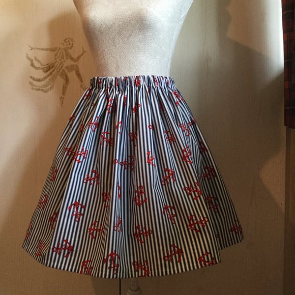 Retro Rockabilly Nautical Striped Anchor Full Flared Skirt 14 16