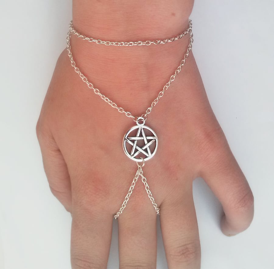 Pentagram Pentacle Slave Chain Hand Harness Bracelet Silver Plate 