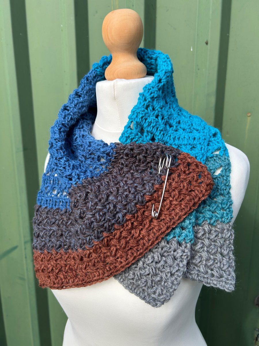 Blue grey and brown texture and lace handmade crochet neck warmer collar
