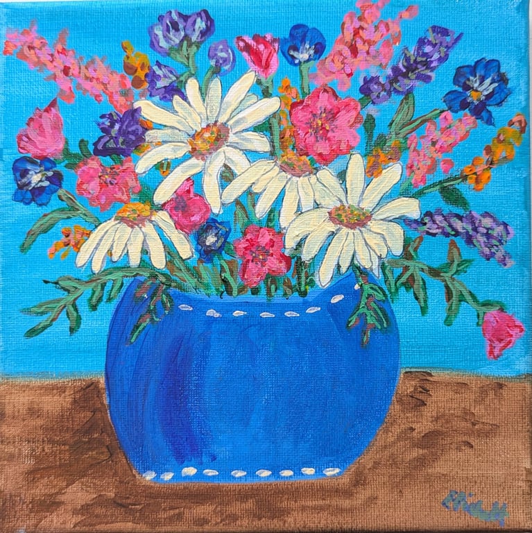 Original Daisy Painting - Colourful Flowers in Blue Vase - Hand Painted Art