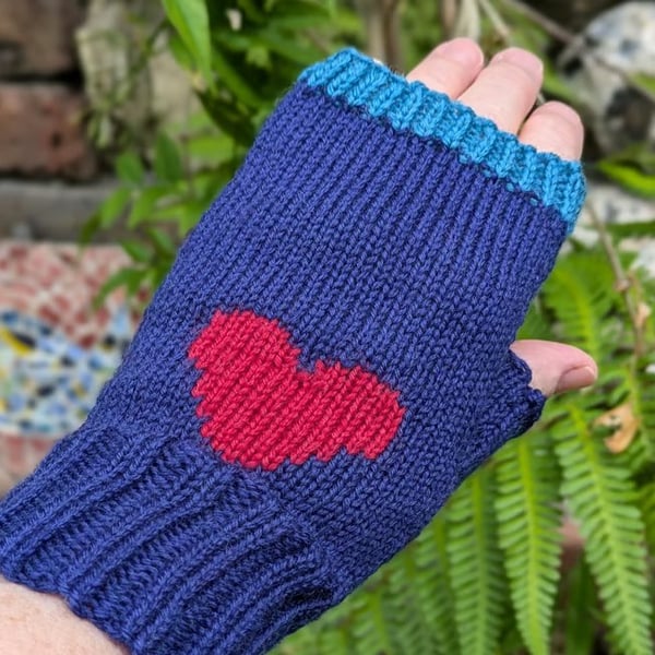 Hearts Knit Fingerless Mitts - Navy Blue & Cherry Red