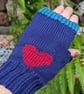 Hearts Knit Fingerless Mitts - Navy Blue & Cherry Red
