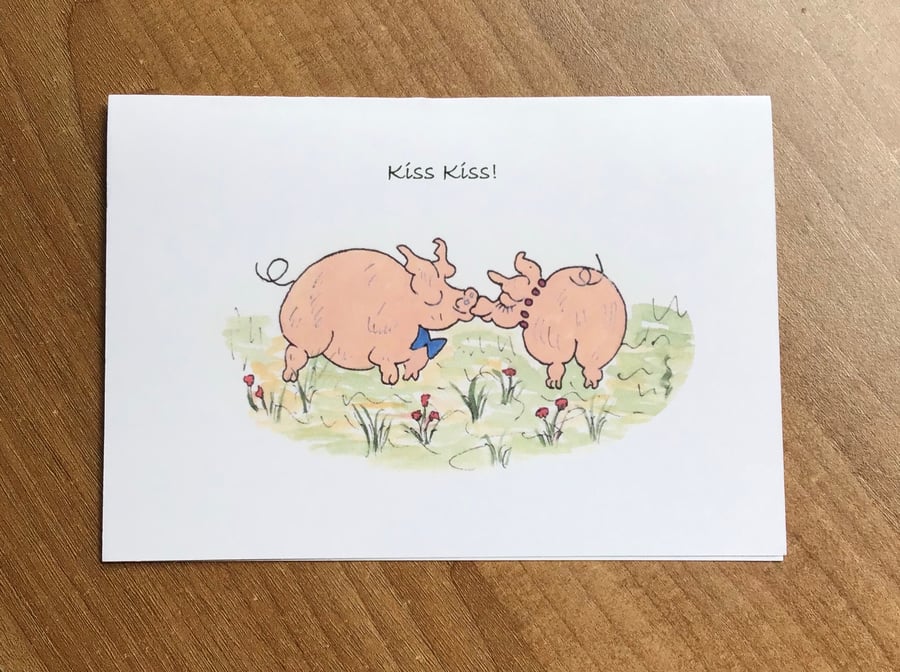 Piggy card, Hand painted,Kiss kiss,Water colour,Print from my original painting,