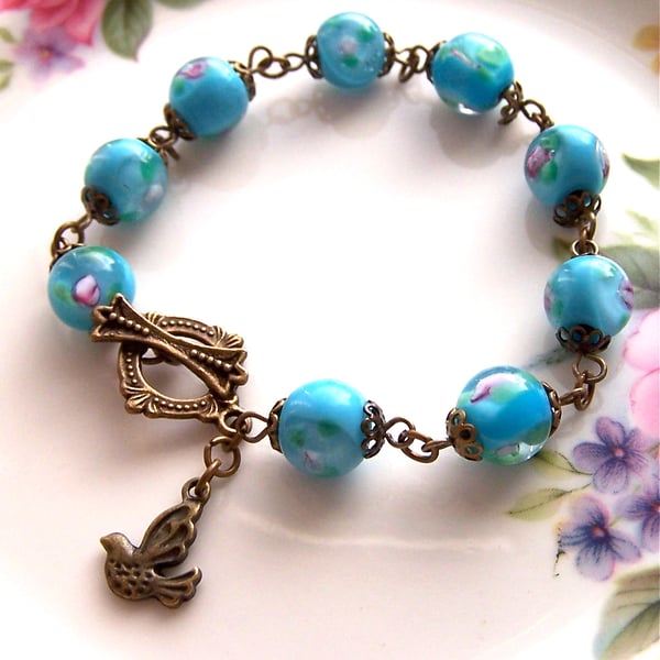 Bird Bracelet, Charm, Brass Wired Turquoise Blue Beaded Bracelet, Bird Charm