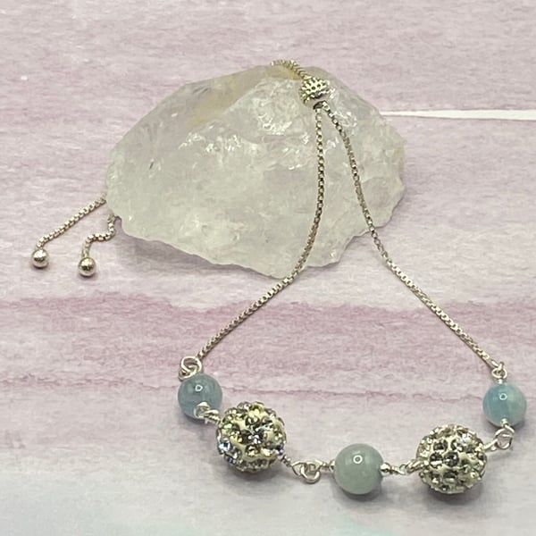 Silver plated slider bracelet with aquamarine stones and sparkly resin beads