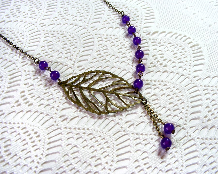 Bronze Necklace with Amethyst Beads and Leaf Detail