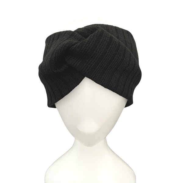 Winter Wool Knit Headband Black Wide Chunky Twist Ear Warmer Turban Head Wrap 
