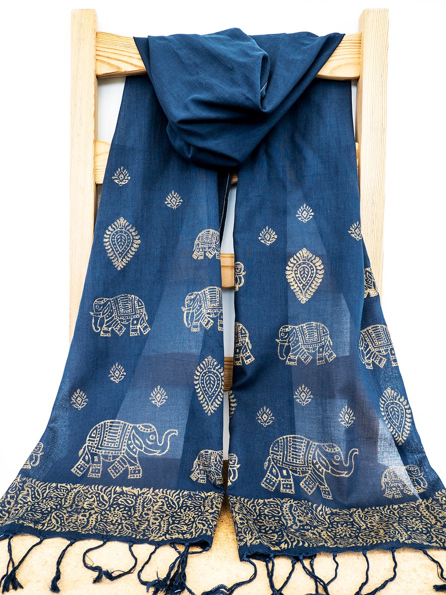 Handprinted Organic Cotton Elephant Scarf Long Tassles Gold Dark Blue Navy  