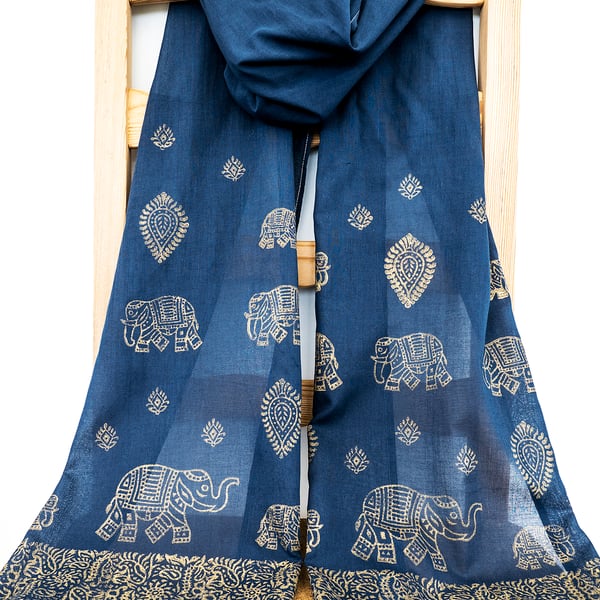 Handprinted Organic Cotton Elephant Scarf Long Tassles Gold Dark Blue Navy  