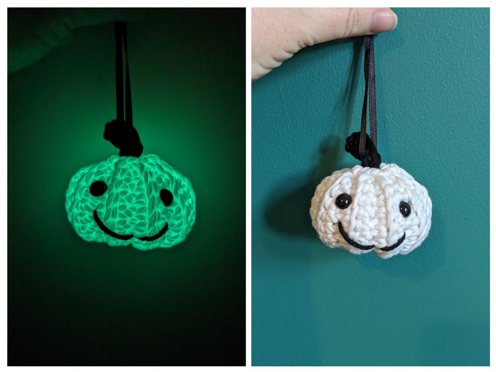 Glow in the Dark Mini Pumpkin with Face, Smiley White Pumpkin, Crochet Ornament,