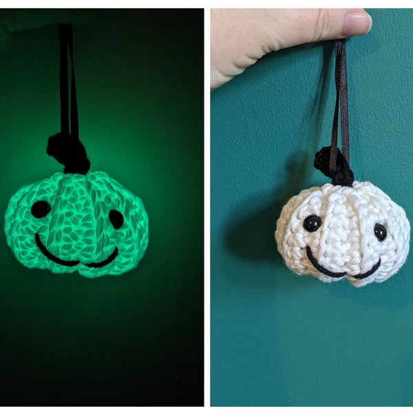 Glow in the Dark Mini Pumpkin with Face, Smiley White Pumpkin, Crochet Ornament,