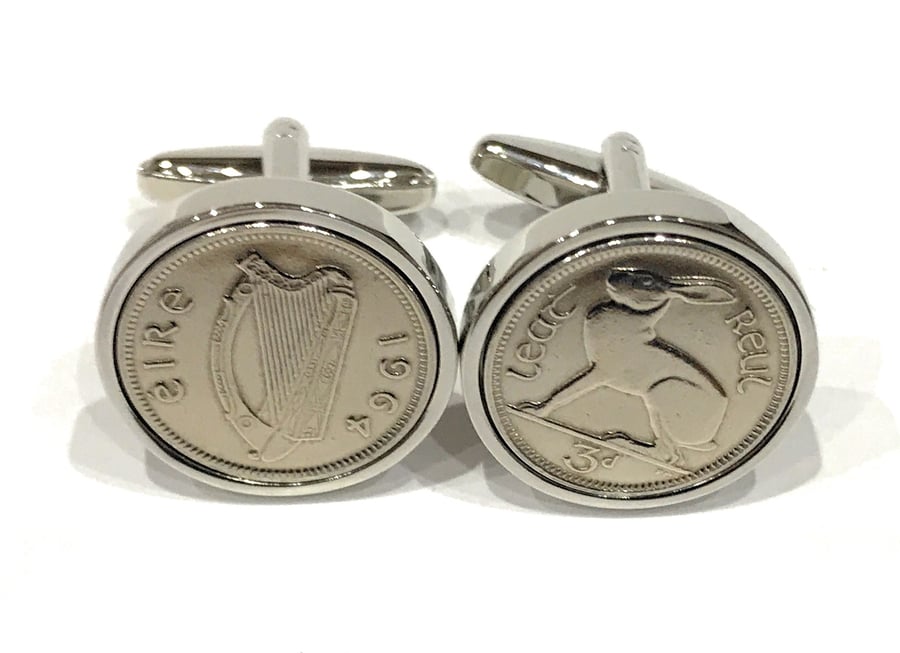 1964 Irish coin cufflinks- Great coin gift idea. Genuine Irish 3d threepence coi