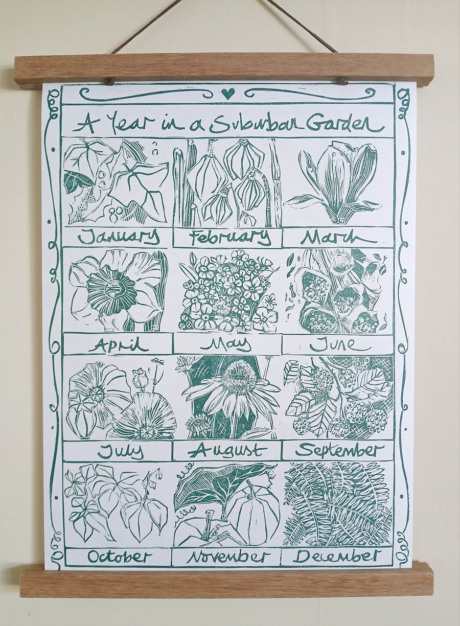 'A Year in a Suburban Garden', Lino Print