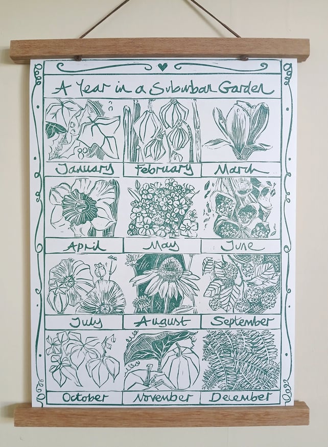 'A Year in a Suburban Garden', Lino Print