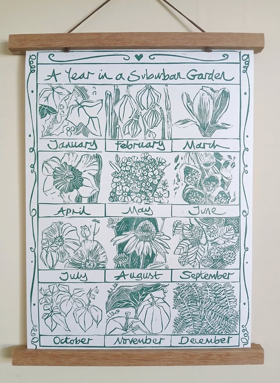 'A Year in a Suburban Garden', Lino Print