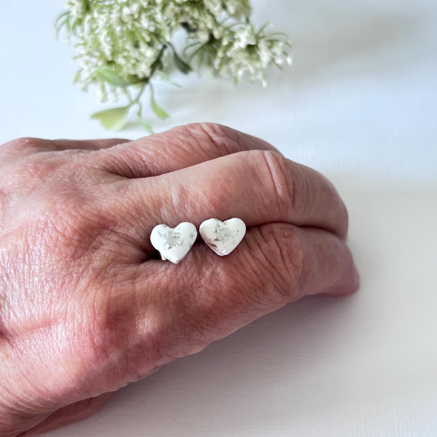 White and Silver Foil Heart Stud Earrings
