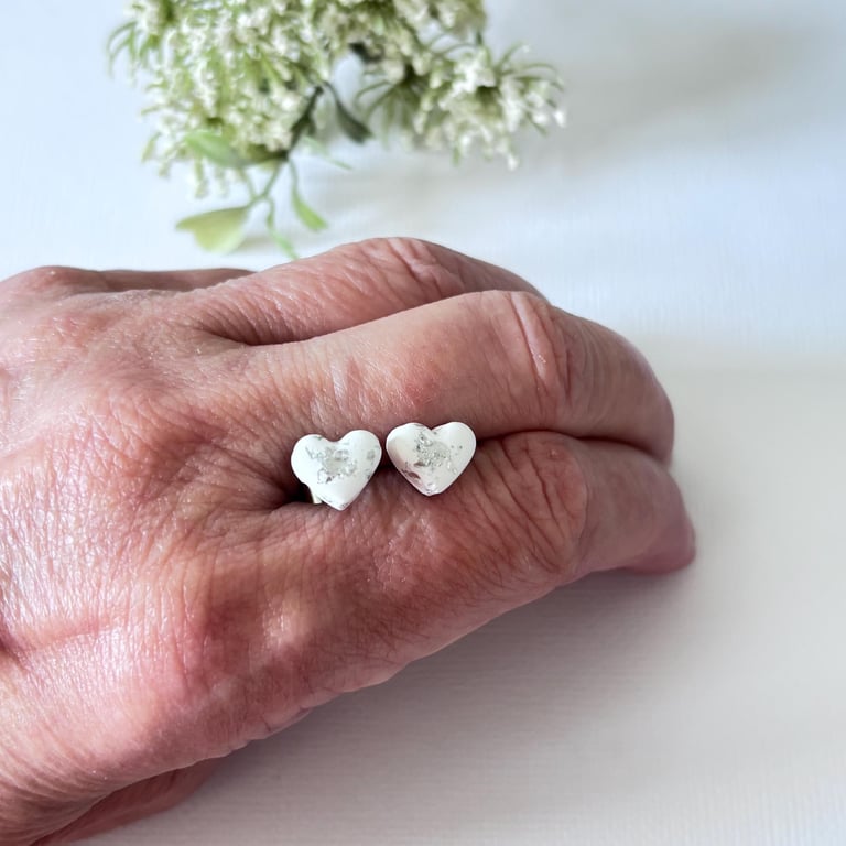 White and Silver Foil Heart Stud Earrings